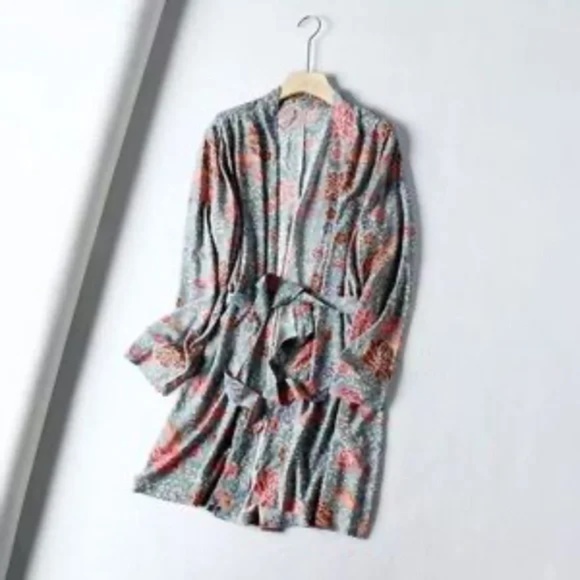 Teal Boho Floral Short Kimono Wrap Coverup Robe - Picture 6 of 14